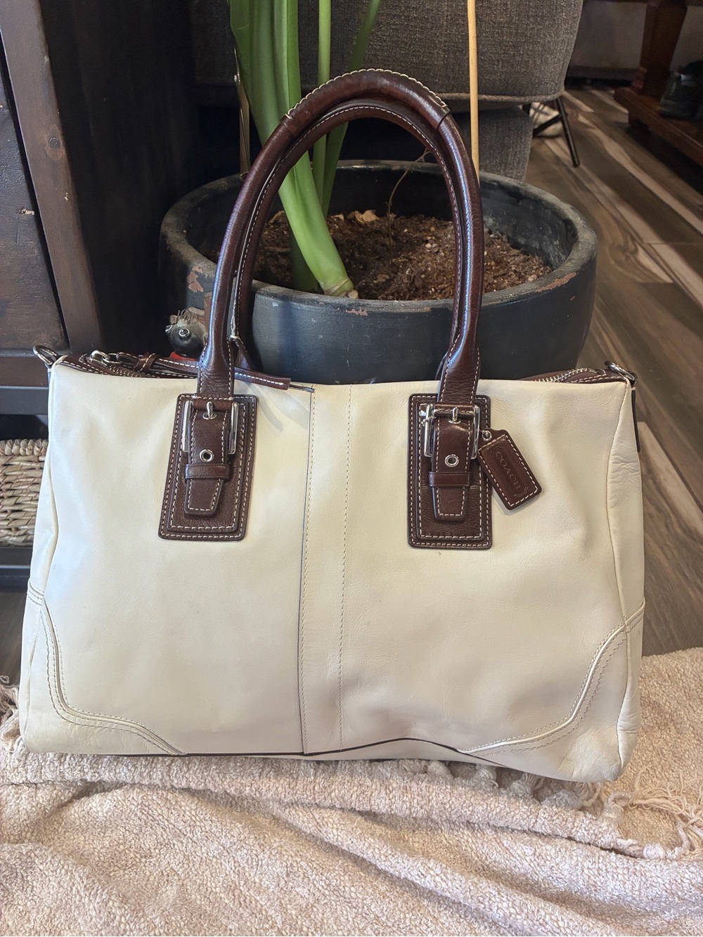 Vintage Coach Cream Leather Tote with Brown Trim and Handles